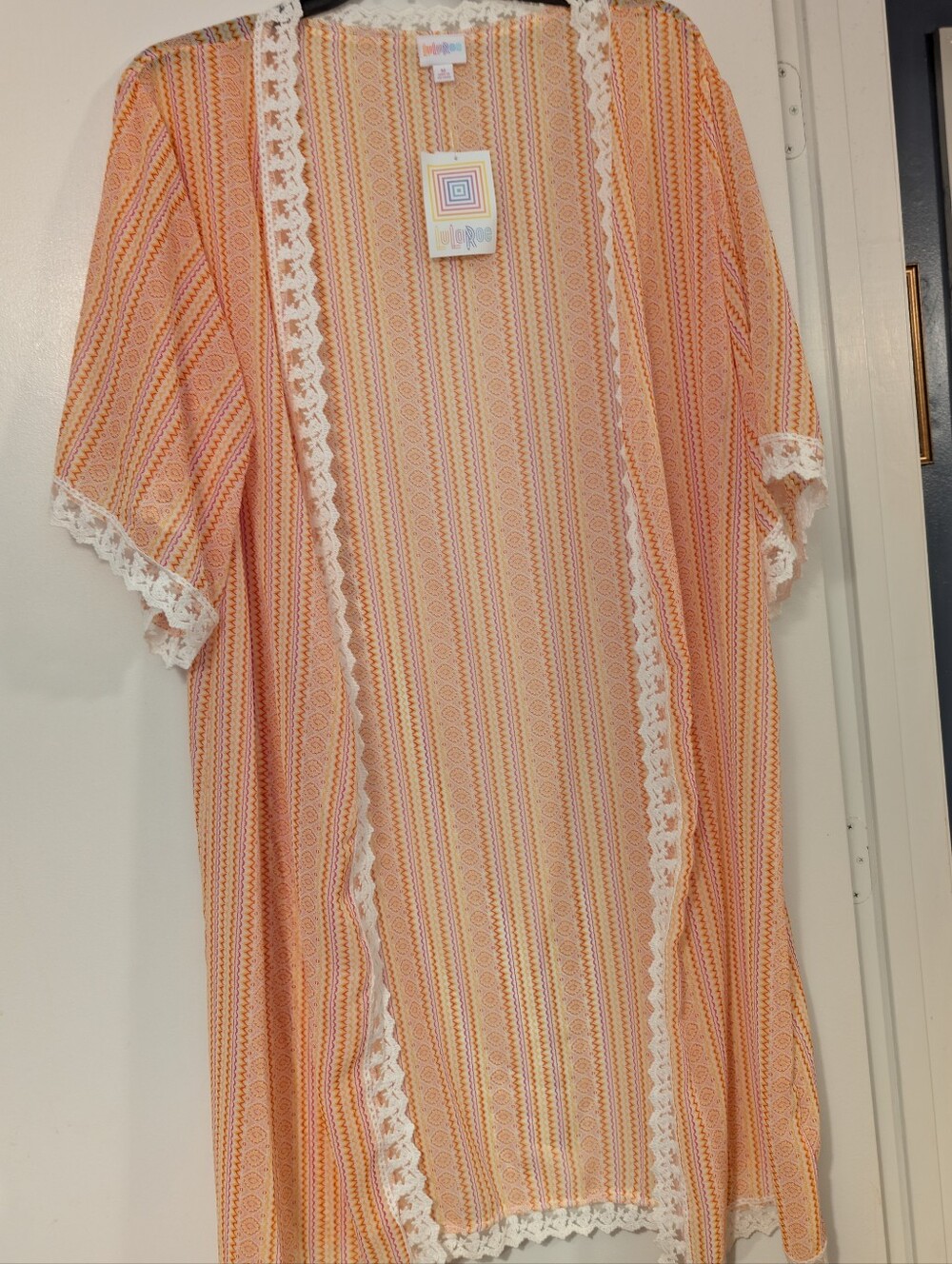 NWT LuLaRoe Chloe Kimono M | Orange Pink Lace Trim Duster | Boho Beach Cover Up